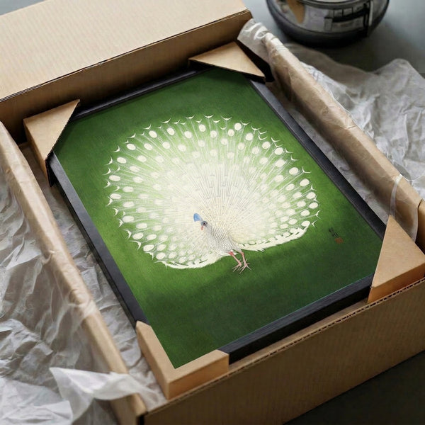Elegant framed Japanese woodblock poster of a white peacock with serene composition in cream, pale green, and deep tones for minimalist wall display.