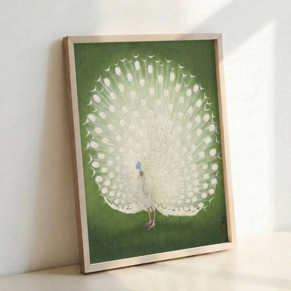 Minimalist Japanese woodblock poster featuring a contemplative white peacock against sage green background, calming botanical wall decor.