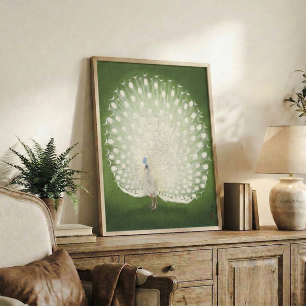 Tranquil peacock woodblock poster with delicate feather details in soft blue and coral hues, capturing serene minimalist Asian art aesthetics.