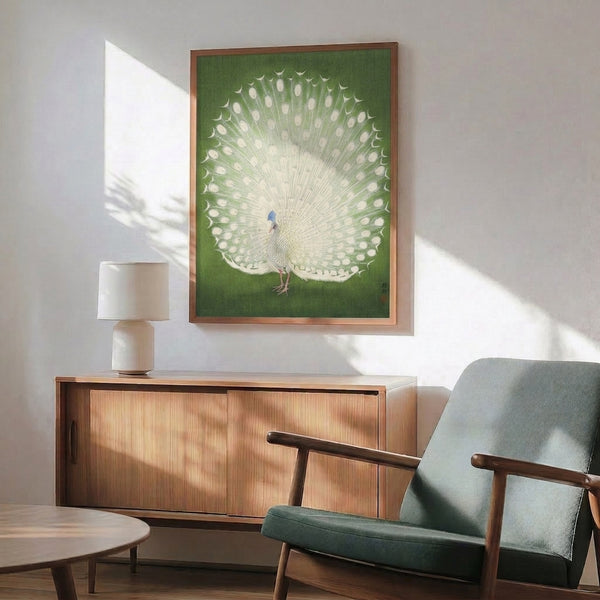 Serene peacock wall poster featuring minimalist woodblock design in soft sage, cream, and coral tones, reflecting Japandi zen aesthetic.