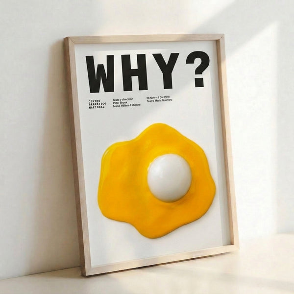 Framed modern poster showcasing a simple golden egg with bold black lettering, capturing a curious and playful minimalist aesthetic.