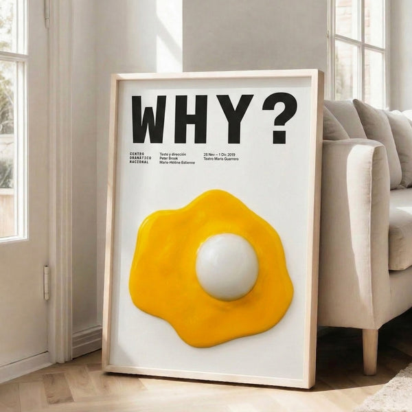 Black and white minimalist wall art featuring a stylized fried egg in warm yellow tones with text, offering a witty take on kitchen decor.