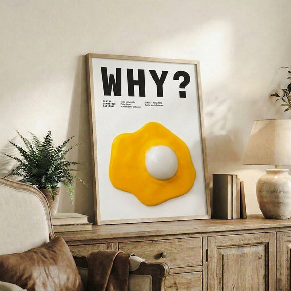 Contemporary framed print displaying an egg illustration paired with text in a clean, minimalist design using black, white, and golden yellow.
