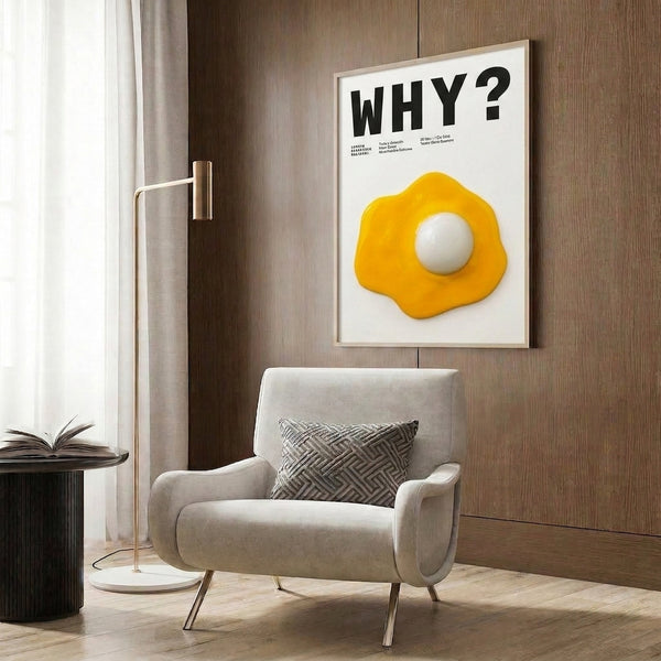 Modern poster art with a centered fried egg rendered in bright yellow and complementary black typography on a crisp white background.