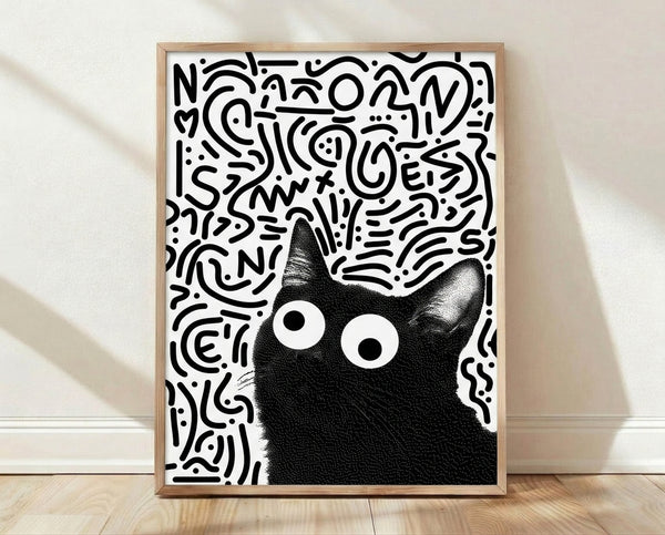 Minimalist line art poster of a wide-eyed black cat with expressive eyes and playful, quirky character against a white background.