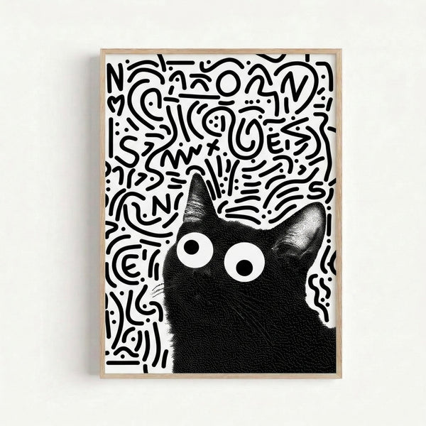 Abstract black cat line drawing with exaggerated eyes, modern and whimsical in style, framed as a contemporary wall art print.