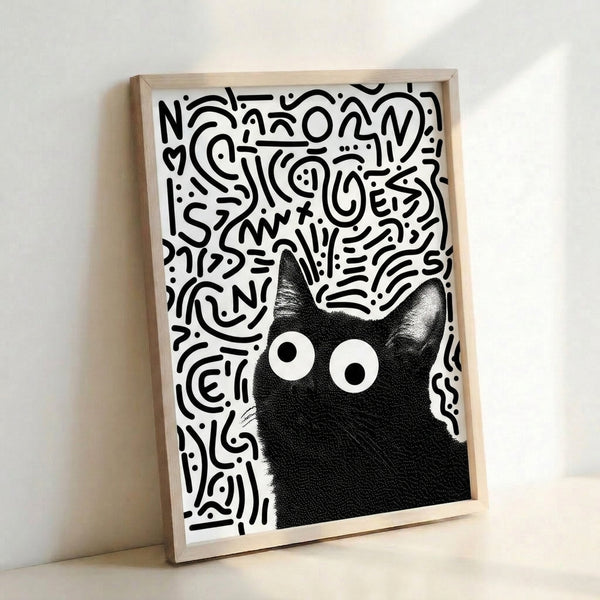 Surreal black and white line art cat portrait featuring prominent wide eyes with a playful, slightly offbeat mood.