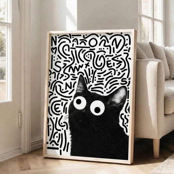 Modern line art print showcasing a quirky black cat with striking oversized eyes, minimalist design on white.