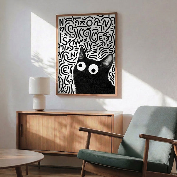 Contemporary abstract cat artwork rendered in simple black lines, capturing an expressive wide-eyed gaze with playful charm.