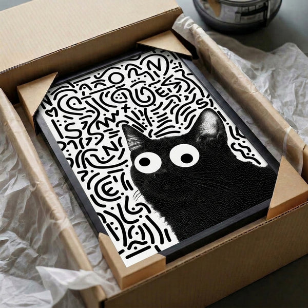 Black and white line art print of an expressive cat face with exaggerated wide eyes, modern and playfully surreal aesthetic.