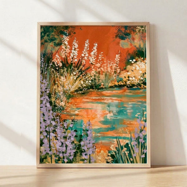 Serene watercolor landscape featuring lavender lupine flowers blooming beside a teal lake, rendered in soft burnt orange, sage green, and cream tones with impressionist brushwork.