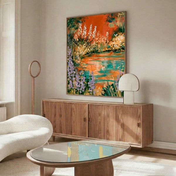 Contemplative watercolor art print of a lakeside garden with flowering lupines in shades of lavender and sage, accented by burnt orange and teal hues in an impressionistic composition.