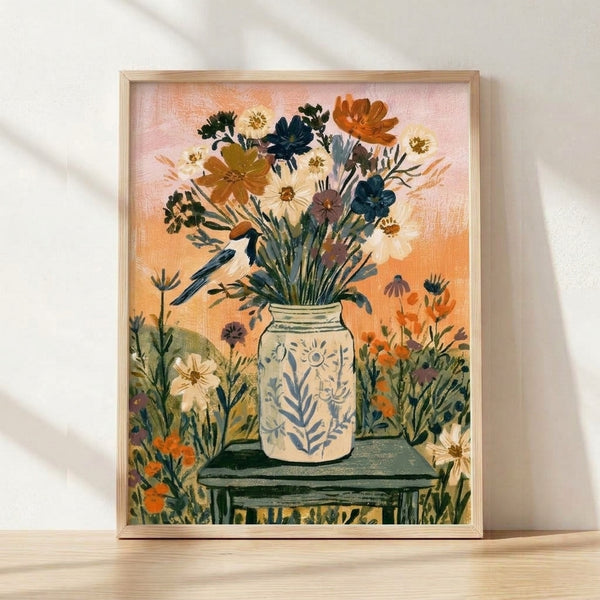 Watercolor folk art print featuring a whimsical bird perched on a mason jar filled with wildflowers in warm cream, orange, sage green, and pink tones, evoking a peaceful boho garden aesthetic.