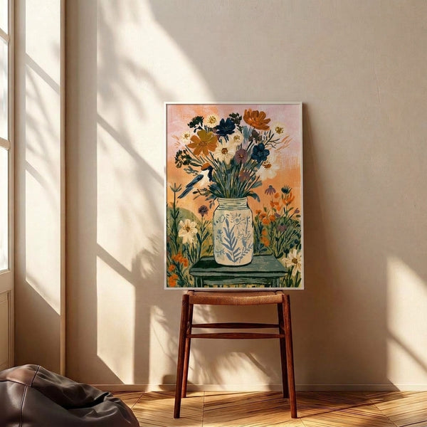 Boho-style framed poster with a serene watercolor scene of delicate wildflowers in a mason jar and a charming bird, rendered in soft warm and cool earth tones.