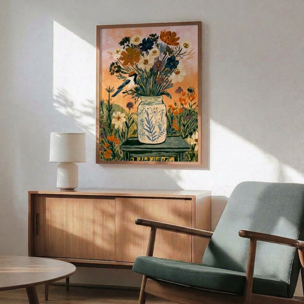 Folk art watercolor painting of a garden bird beside a cream mason jar overflowing with colorful wildflowers in navy blue, sage, and warm coral hues, perfect for nature-inspired decor.