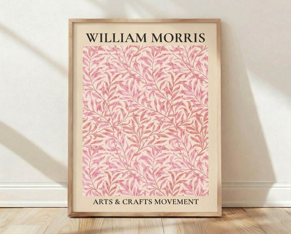 Framed vintage botanical poster in William Morris style featuring interlocking leaves and branches in pink, cream, and sage green on a mauve background.