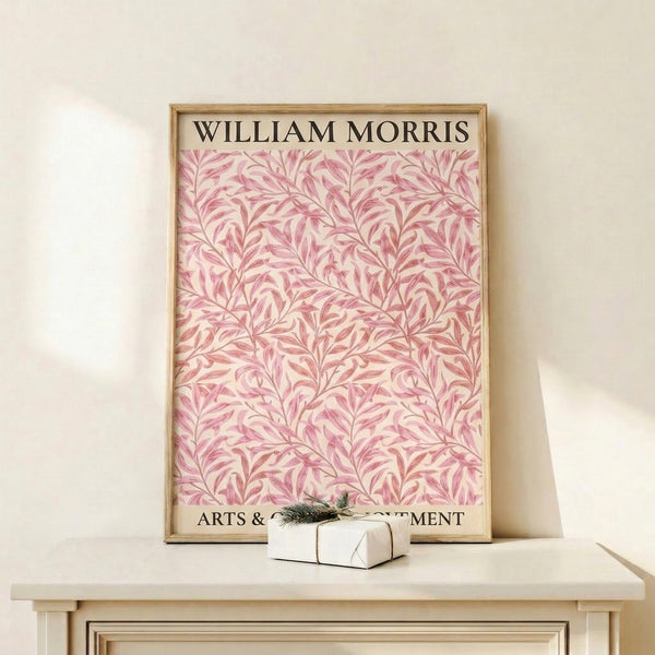 Vintage-style framed poster with Art Nouveau botanical pattern of intertwined branches and foliage in harmonious pink and cream palette.