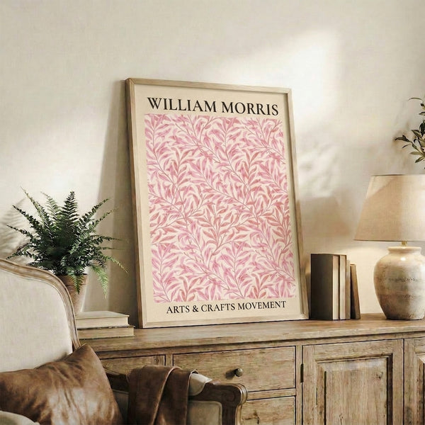 Art Nouveau foliage print with flowing organic leaves in cream, pink, and sage, styled as vintage Arts and Crafts wall decor.