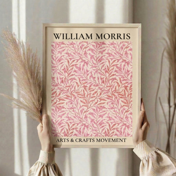 Elegant Arts and Crafts botanical wall art with flowing branches and leaves in soft cream, pink, and sage green hues.