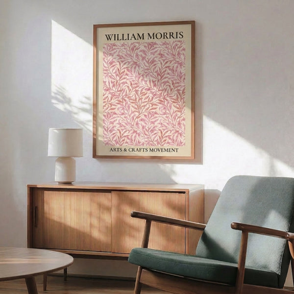 Decorative vintage botanical print featuring intertwining foliage and branches in Art Nouveau style with pink, cream, and mauve colorway.