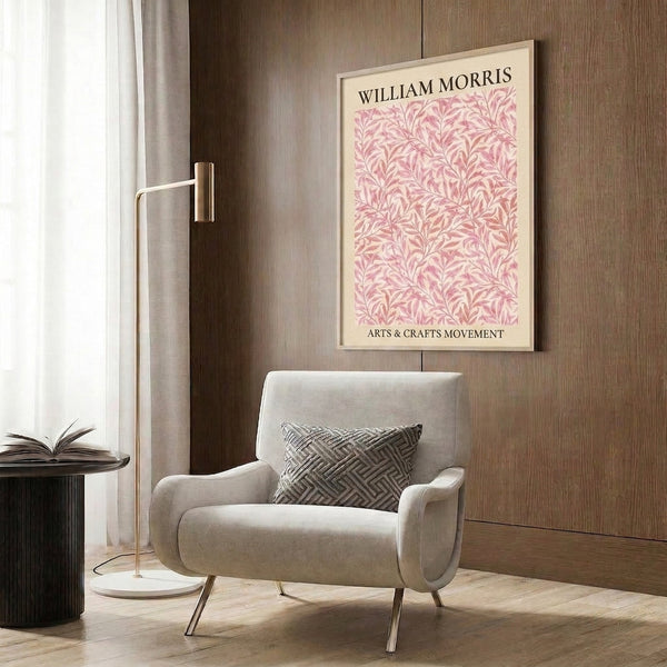 Framed William Morris style botanical artwork displaying ornamental leaves in serene sage, pink, and cream palette for elegant wall hanging.