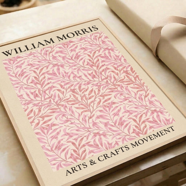 Vintage Arts and Crafts botanical poster featuring detailed organic leaf and branch motifs in harmonious pink, sage, and cream colors.