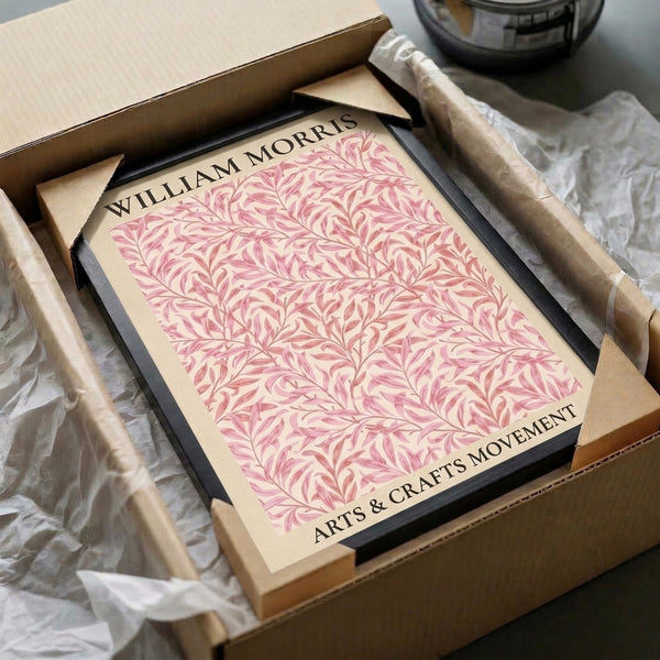 William Morris decorative print with flowing botanical foliage in Art Nouveau style, rendered in calm pink, mauve, and sage palette.