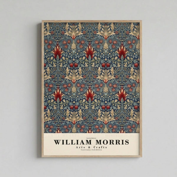 William Morris snakeshead floral design with elegant interlocking leaves and pomegranates in rich teal, cream, rust, and gold tones, displayed as a framed poster.