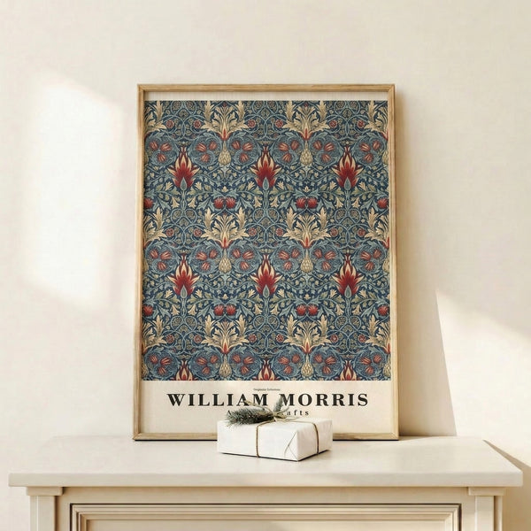 Vintage decorative print featuring intricate snakeshead flowers and leaves in a harmonious palette of teal, cream, rust red, and gold, exemplifying Arts and Crafts elegance.