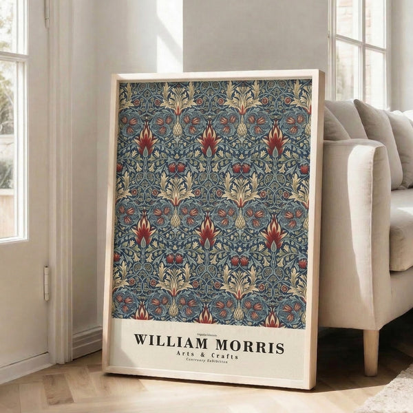 Timeless ornate botanical wallpaper design with pomegranate and leaf motifs rendered in deep teal, cream, and rust red highlights, presented as framed wall art.