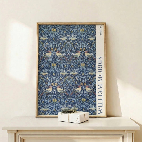 Ornamental framed poster with interlocking botanical design of birds and flowering vines in classic Art Nouveau style and palette.