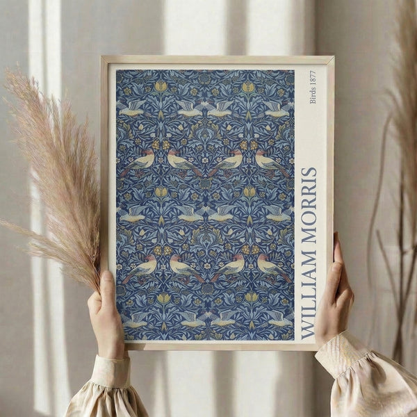 Nature-inspired decorative print with intricately detailed birds and flowering plants arranged in a balanced, calm Art Nouveau composition.