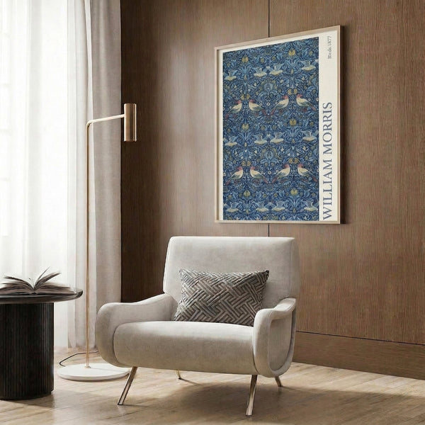 Art Nouveau inspired framed print with symmetrical bird and flower pattern rendered in rich navy, gold accents, and soft sage tones.