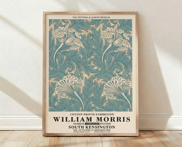 Art Nouveau framed poster featuring delicate botanical flowers and foliage in teal, sage green, and cream tones, displaying elegant organic patterns characteristic of William Morris design.