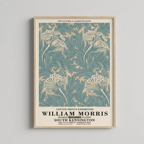 Vintage-style art print with intertwining leaves and blossoms in muted teal and tan hues, showcasing the sophisticated organic aesthetic of Arts and Crafts botanical illustration.