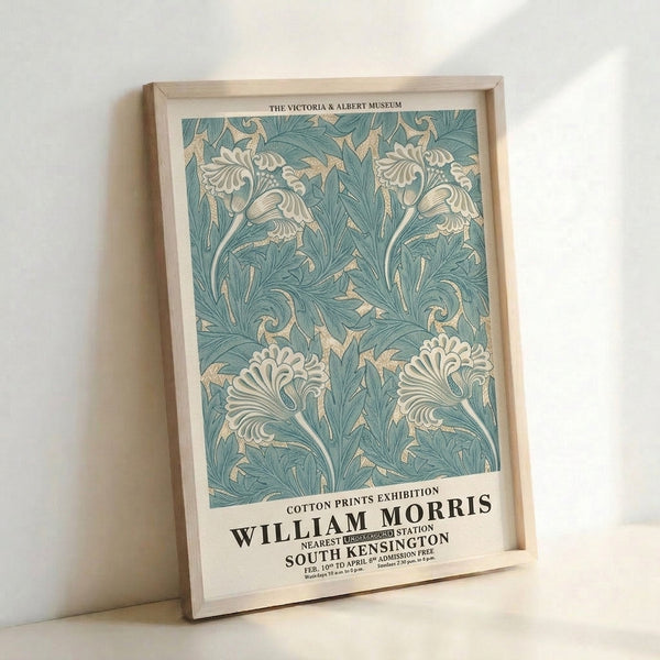 Framed botanical wall art with flowing floral motifs in cream, sage, and teal, embodying the elegant Art Nouveau style of classic cotton print design.