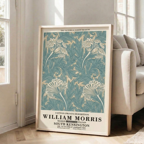 Sophisticated botanical poster featuring interconnected leaves and flowers in soft sage green and cream against deeper teal accents, reflecting timeless Arts and Crafts elegance.