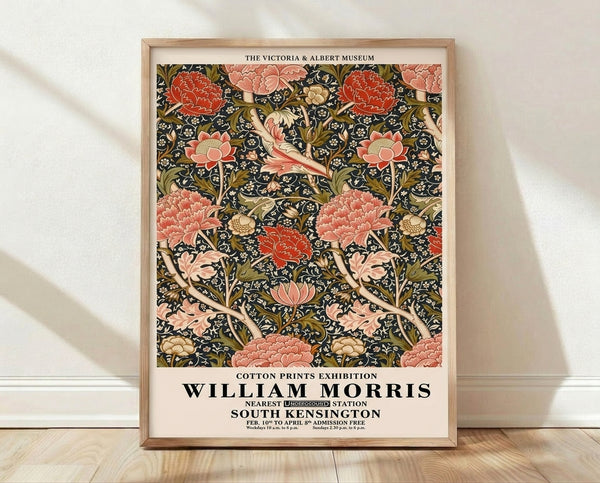 Framed Art Nouveau botanical poster featuring ornate peonies and flowing vines in dusty rose, olive green, and cream against charcoal background, William Morris design aesthetic.