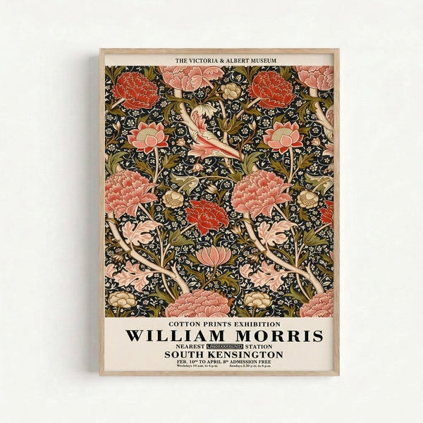 Vintage museum print of intricate William Morris floral composition with peonies and leafy tendrils in coral red and muted earth tones, elegant naturalistic style on cream.