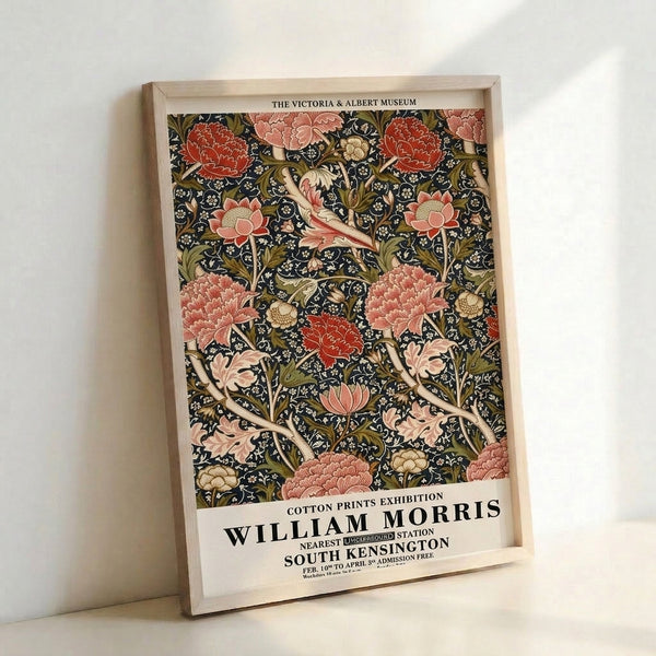 Art Nouveau wall art displaying dense William Morris pattern of blooming peonies and curving vines in charcoal, rose, and olive green with ornate botanical detail.
