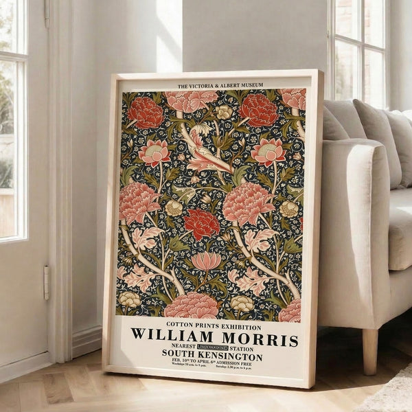 Vintage botanical art print in William Morris style showcasing ornamental peonies and flowing foliage in muted rose, olive, and charcoal tones, elegant and decorative.