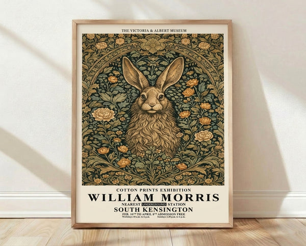 Art Nouveau framed poster featuring an elegant hare surrounded by ornamental botanical flowers and foliage in forest green, cream, and gold tones.