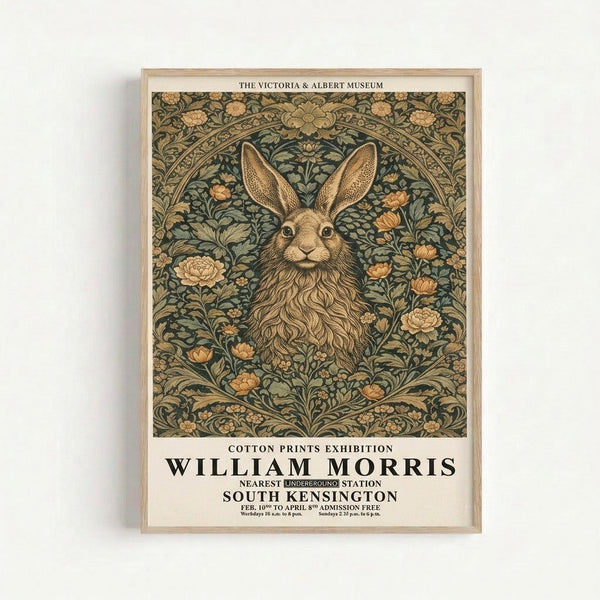 Vintage museum exhibition print showing a refined hare amid decorative floral patterns in muted greens and warm burnt orange accents on cream background.