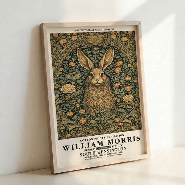 Elegant botanical art print with a stylized hare nestled among ornate flowering plants, rendered in the Art Nouveau style with rich forest green and gold palette.