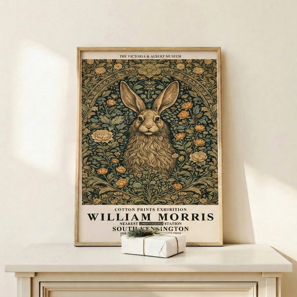 Framed poster displaying a graceful hare within intricate Art Nouveau botanical designs featuring cream, forest green, and burnt orange hues.