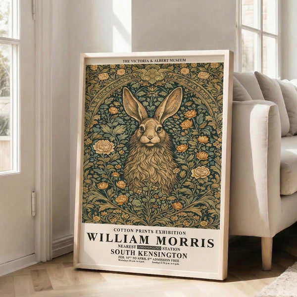 Ornamental Art Nouveau wall art depicting a serene hare surrounded by elaborate floral motifs in sophisticated cream, gold, and forest green colorways.