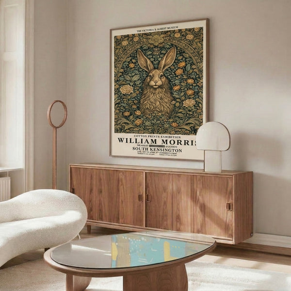 Art Nouveau exhibition print featuring a poised hare in an ornamental garden of flowers and foliage, rendered in elegant forest green, cream, and burnt orange.