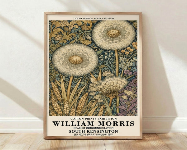 Art Nouveau botanical poster featuring a delicate dandelion pattern in cream, gold, teal, and sage green on a framed wall art print.