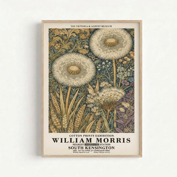 William Morris-inspired vintage cotton print with organic dandelion flowers and flowing botanical design in muted earth tones and dusty rose.