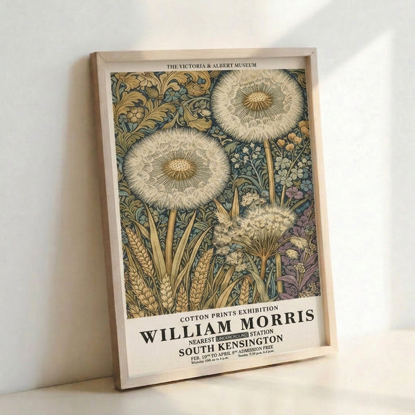 Framed decorative poster showcasing naturalistic dandelion flowers in Art Nouveau style with ornamental gold, teal, and cream palette.